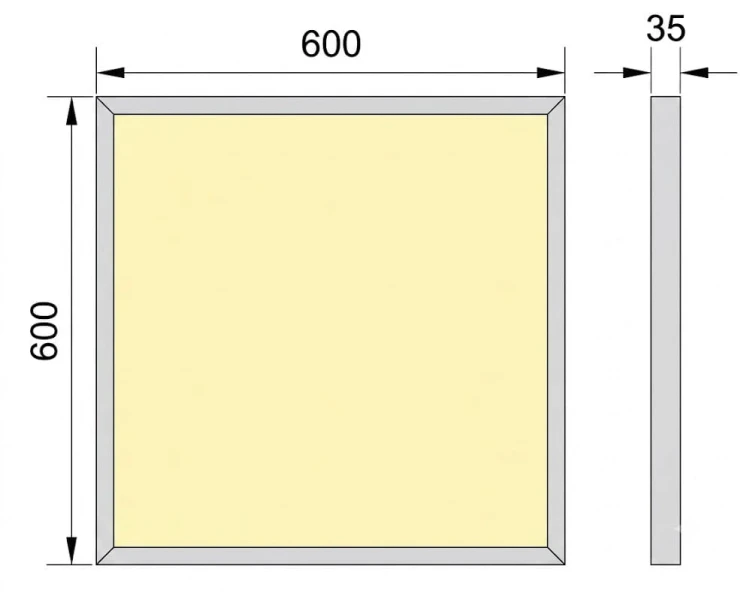 Wymiary kwadratowego panelu LED 60W Alaska 600x600x40 mm rysunek techniczny oprawy.